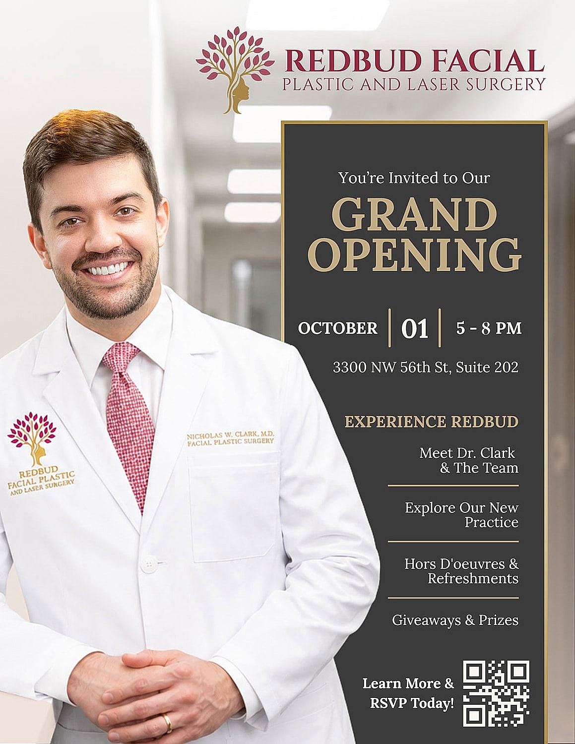 Grand opening invitation for plastic surgery practice.