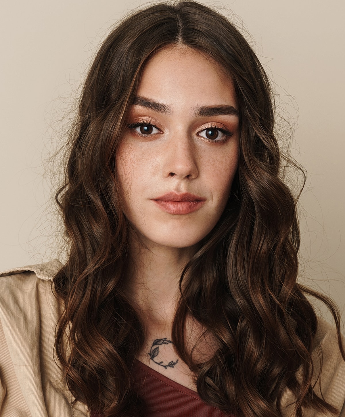 Young woman with wavy hair and subtle makeup.